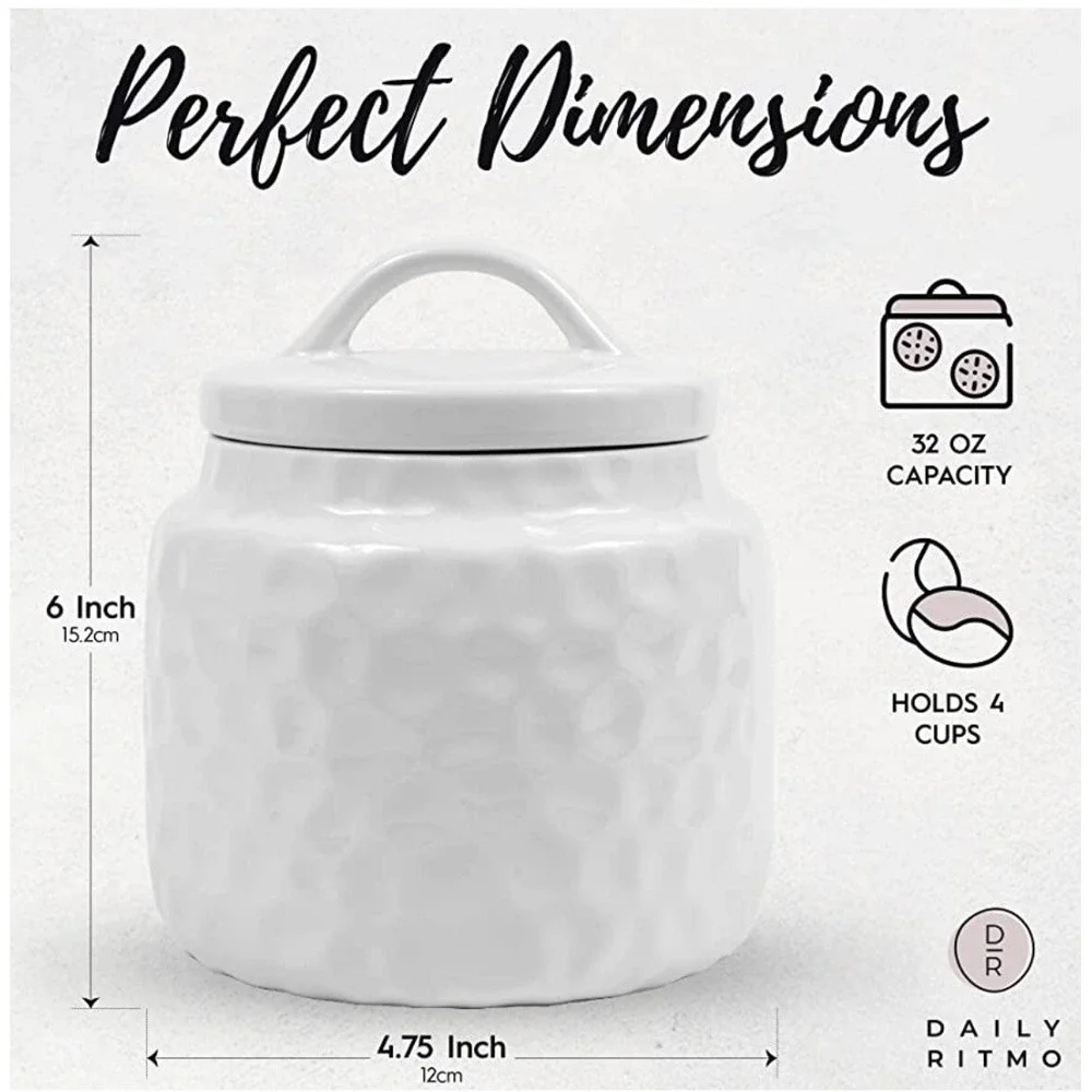 White Ceramic Dimpled Canister With‎ Labels Daily Ritmo 32 oz Capacity Airtight